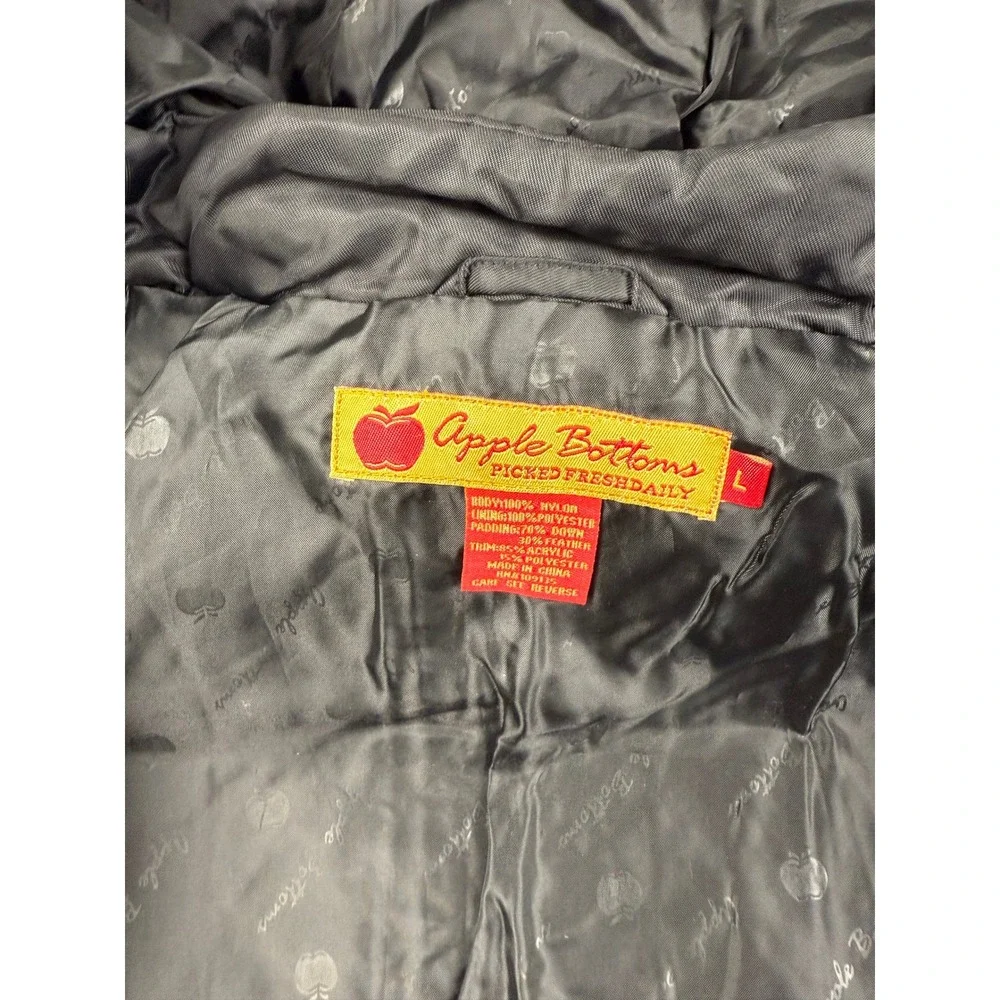 VTG‎ Apple Bottoms Puffer Jacket Black Fur Hood Zip Up Rhinestone Size L